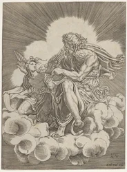 San Mateo, sentado en una nube y mojando una pluma en un tintero sostenido por un ángel..., ca. 1518-20