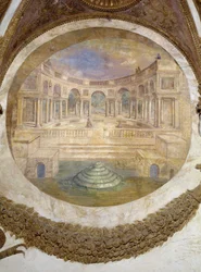 Signo Sagitario (constelación ascendente de Arcturus) pared este: capacidad de convertirse en guardián de los edificios reales. Aquí vemos el palacio de los te. Fresco de Agostino da Mozzanega (en activo de 1527 a 1539) 1528 Sala de los Vientos (o del Zodí