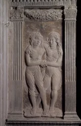 Géminis representado por los gemelos, de una serie de relieves que representan los símbolos planetarios y signos del zodiaco, c.1450