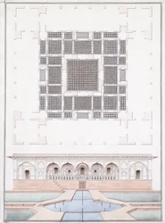 Elevación del frente sur y Palacio Jardín del Suraj Bhawan en Dig, c.1830
