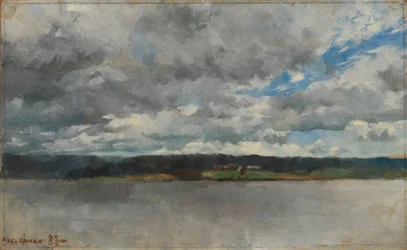 Nubes de lluvia sobre un paisaje lacustre