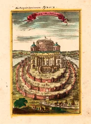La fortaleza y los jardines colgantes de la legendaria Reina Semiramis en Babilonia - Fortaleza de Semiramis - Grabado en cobre y acuarela de Alain Manesson Mallet (1630-1706)