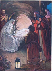 El niño Jesús y los pastores, de The Bible Picture Book publicado por Thomas Nelson, c.1950 (litografía en color)