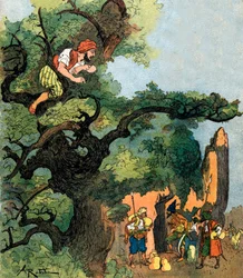 Alí Babá escucha a un grupo de cuarenta ladrones que visitan su almacén de tesoros Ilustración de Albert Robida para Alí Babá y los cuarenta ladrones 1945 Colección privada
