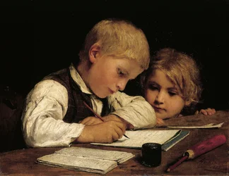 Niño escribiendo con su hermana