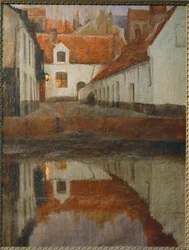 Una pequeña ciudad a orillas del río, Flandes (pintura sobre lienzo)
