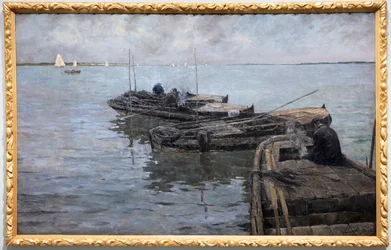 En el Bajo Escalda, últimos rayos, pescadores amarrados