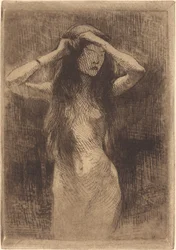 Niña desnuda peinándose el cabello