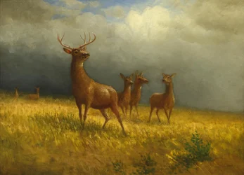Tres ciervos y un venado" de Albert Bierstadt, c. 1885