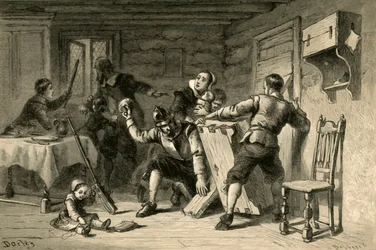 Puritanos atrincherando su casa contra los indios, 1877