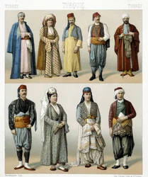 Trajes turcos del siglo XIX. Ilustración en “Le costume historique” de Racinet