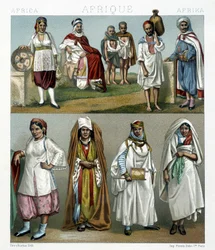 Trajes de bárbaros (África). Ilustración en “Le costume historique” por Racinet