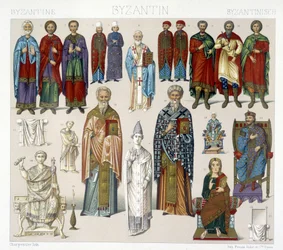 Trajes bizantinos. Ilustración en “El traje histórico” de Racinet