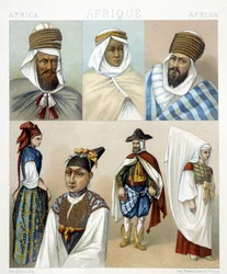 Trajes y peinados de Argelia. Ilustración en “Le costume historique” por Racinet
