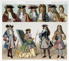 Trajes y peinados de la nobleza francesa en el siglo XVIII. Ilustración en "El traje histórico" de Racinet