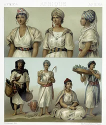 Trajes y tocados de mujeres kabyl (parte superior). Trajes tunecinos y argelinos (parte inferior). Ilustración en "El traje histórico" de Racinet