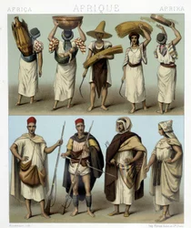 Trajes de Argelia y Túnez. Ilustración en "Le costume historique" por Racinet
