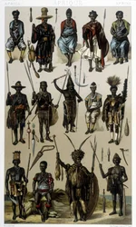Trajes de Guinea, Senegal y Gabón. Ilustración en “Le costume historique” de Racinet