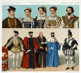 Trajes de nobles y magistrados en Francia en el siglo XVII. Placa cromolitográfica - en “El traje histórico” de Racinet