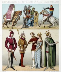 Trajes de la Edad Media en Francia. Ilustración en “Le costume historique” por Racinet