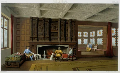 Lord inglés y su familia en su casa del siglo XVII. Placa cromolitográfica - en "El traje histórico" de Racinet