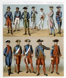 Trajes militares franceses en el siglo XVIII. Ilustración en "El traje histórico" de Racinet