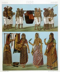 Funeral (parte superior de la imagen) y lavandería (parte inferior de la imagen) en India. Ilustración en “Le costume historique” de Racinet
