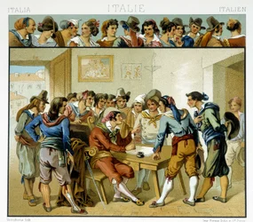 Grupo de italianos alrededor de un escritor representado en los trajes populares romanos del siglo XIX. Placa cromolitográfica - en “Le costume historique” de Racinet