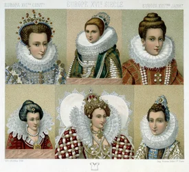 Peinados en Francia en el siglo XVI (y retrato de María de Médici) - en "El traje histórico" de Racinet, finales del siglo XIX