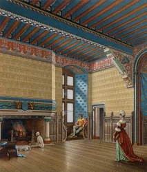 Interior de una vivienda francesa del siglo XV, litografía de Charpentier de Le Costume historique