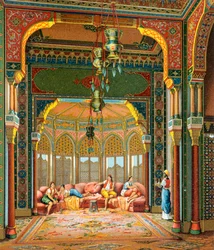 Interior de un edificio turco, ilustración de La Historia Completa del Traje por Auguste Racinet