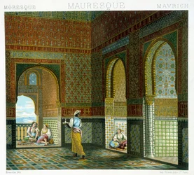 Interior de una casa morisca (Alhambra, sala de la Bendición). Lámina cromolitográfica - en «Le costume historique» de Racinet