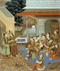 Interior de una casa en India con muchas mujeres - en "El traje histórico" de Racinet