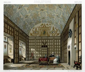 Interior de una casa señorial en Inglaterra en el siglo XVII. Ilustración en "El traje histórico" de Racinet