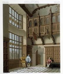 Interior de una casa señorial en Inglaterra en el siglo XVIII. Ilustración en “El traje histórico” de Racinet