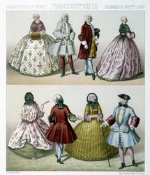 Hombres y mujeres con trajes de moda del siglo XVIII en Francia. Ilustración en "Le costume historique" por Racinet