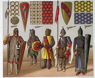 Trajes militares del siglo IX al XII, por A. Racinet
