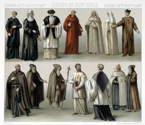 Trajes monásticos en Europa de los siglos XV al XVIII. Ilustración en «El traje histórico» de Racinet