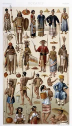 Gente de Malasia y Polinesia (Oceanía). Ilustración en “Le costume historique” por Racinet