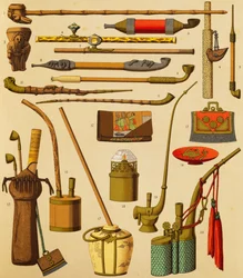 Pipa y objetos usados por fumadores, litografía de Schmidt de La Historia Completa del Traje, primer volumen, por Auguste Racinet (1825-1893), París