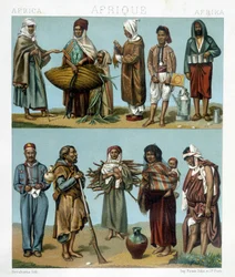 Trajes populares de África. Ilustración en “Le costume historique” por Racinet