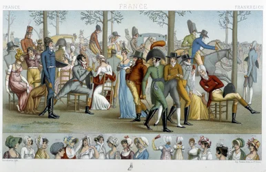 El burgués caminando hacia Longchamp, principios del siglo XIX - en "Le costume historique" por Racinet