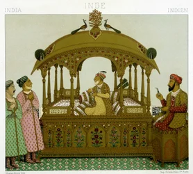 Trono de los emperadores mogoles. Placa cromolitográfica - en “Le costume historique” de Racinet