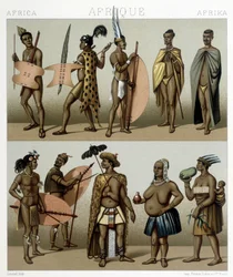 Traje tradicional de Cafrería (parte meridional de África). Ilustración en "El traje histórico" de Racinet