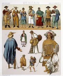 Trajes tradicionales mexicanos. Ilustración en "El traje histórico" de Racinet