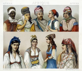 Trajes y tocados tradicionales de hombres y mujeres en Argelia. Ilustración en "Le costume historique" por Racinet