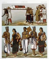 Trajes tradicionales de musulmanes (parte superior de la imagen) e hindúes (parte inferior) que viven en India. Ilustración en “Le costume historique” de Racinet