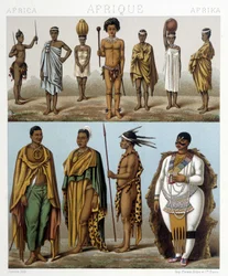 Varios hombres del sur de África. Ilustración en "Le costume historique" por Racinet