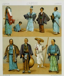 Varios trajes tradicionales japoneses de hombres, incluyendo kimono. Placa cromolitográfica - en “El traje histórico” de Racinet