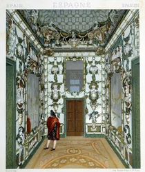Vista de un hombre dentro del Palacio Real de Madrid. Lámina cromolitográfica - en “Le costume historique” por Racinet